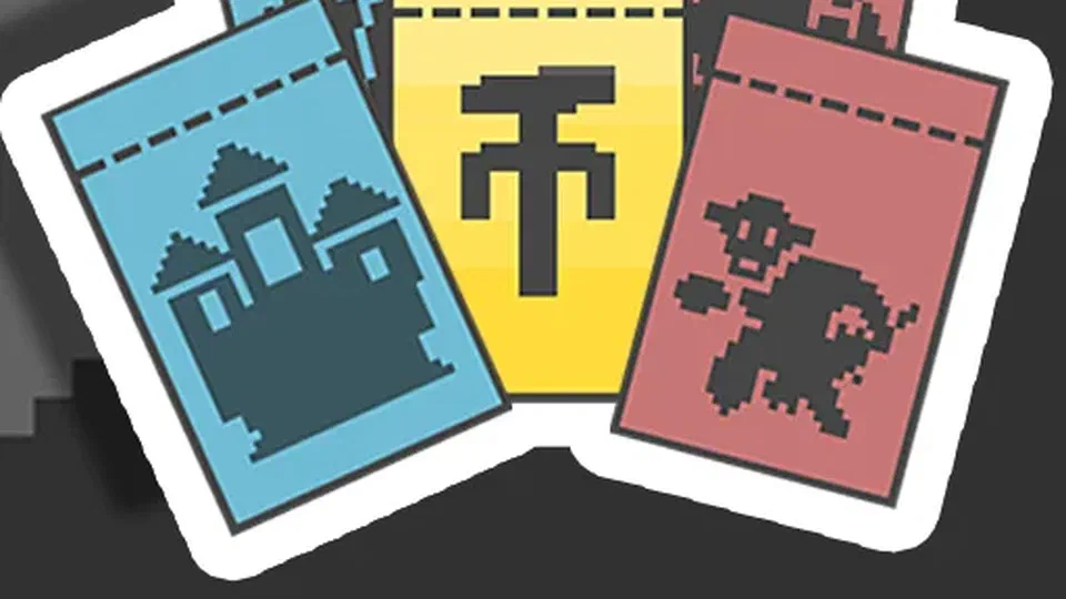 蓝红两色像素卡牌围绕黄色镐子卡牌的封面图